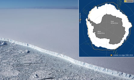 Sea ice on the coast of the Antarctic Peninsula and a map from the University of Colorado National Snow and Ice Data Centre showing the extent of sea ice on 24 September 2023.