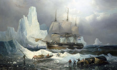 1846 painting entitled HMS Erebus in the Ice by François-Étienne Musin showing men pulling small boats with ropes on an ice floe, with an iceberg and a ship with five sails behind clouds in the background