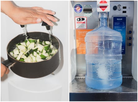 A composite of two brightly lit pictures. On the left, a hand presses down two black spigots to pour water into a pot filled with chopped zucchini. On the right, a blue plastic five-gallon water jug fills with water beneath an industrial-looking spigot.
