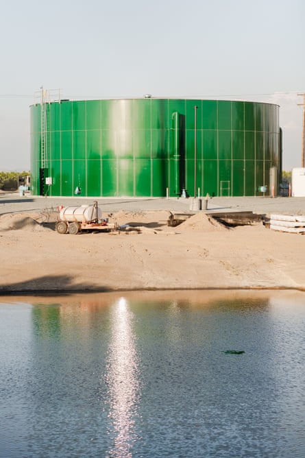 A large, outdoor, bright green, cylindrical tank beside the sandy bank of a body of water.