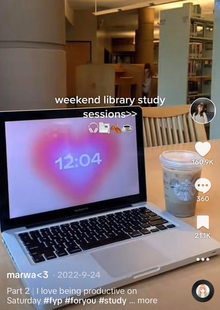 tiktok screen shot shows a laptop on a library table, with the caption ‘weekend library study sessions’ and emoji of headphones and coffee