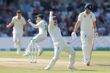 David Warner celebrates taking a catch to dismiss Joe Root during day four of the third Ashes Test at Headingley in August 2019.