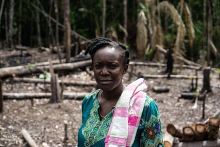 A middle-aged black woman with braided hair stands in front of the stumps of trees in a charred patch of land