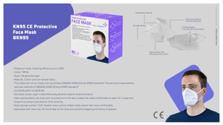 Page of a brochure showing a pack shot of a face mask and a picture of a man wearing it, with some product information