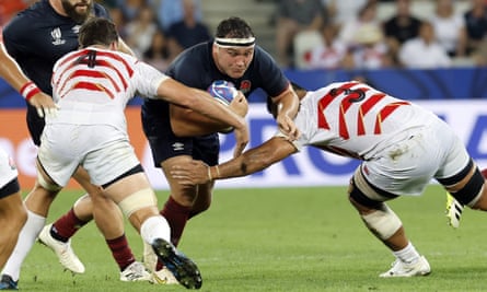 Jamie George tries to find a way through Japan’s defence during last year’s Rugby World Cup