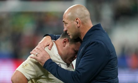 England’s Jamie George is consoled by Steve Borthwick after defeat by South Africa in the 2023 Rugby World Cup semi-final