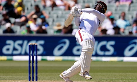 West Indies' Shamar Joseph has a wild swing in his remarkable innings of 36.