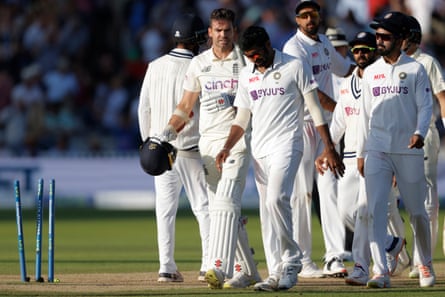 Jimmy Anderson and Jasprit Bumrah exchange words at the end of play during the second Test at Lord’s in 2021