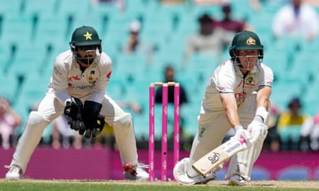 Marnus Labuschagne plays a sweep shot for Australia in the third Test