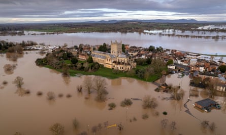 Tewkesbury Abbey, surrounded by flood water