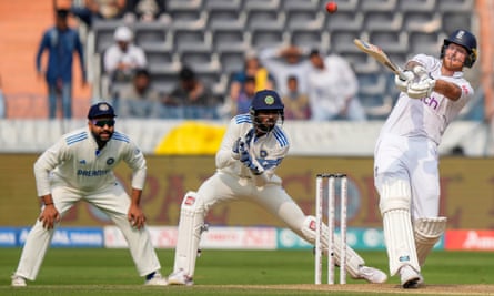 Ben Stokes plays a shot during the opening day of their first Test cricket match against India.