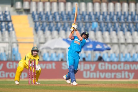 India’s Deepti Sharma tees off against Australia.