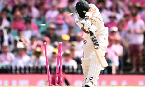 Abdullah Shafique is bowled for a duck in Pakistan’s second innings of the third Test at the SCG