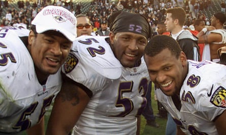 Jamie Sharper (L), Ray Lewis, and Peter Boulware celebrate a Ravens win in 2001.