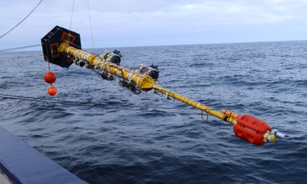 A data-collecting buoy, made by members of the mechanical engineering workshop at University College London, is deployed in the Labrador Sea.