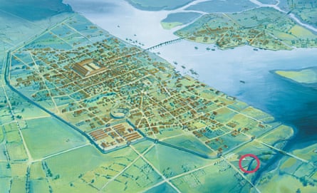 Reconstruction of Roman London by Peter Froste with the location of the site circled.