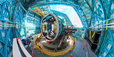 A wide view of the telescope mount inside the dome.