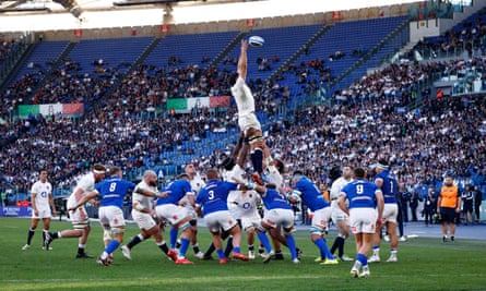 Ethan Roots jumps during a line out at the Six Nations match between Italy and England at the Stadio Olimpico in Rome on 3 February 2024