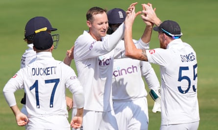 England’s Tom Hartley, third left, celebrates the wicket of India’s Axar Patel on the fourth day of the first Test
