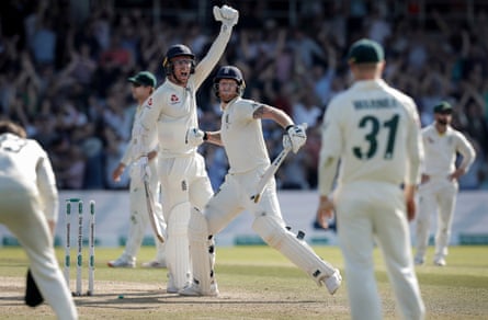 England batsman Ben Stokes (centre right) and Jack Leach celebrate winning the match during day four of the Third Ashes test at Headingley in August 2019.
