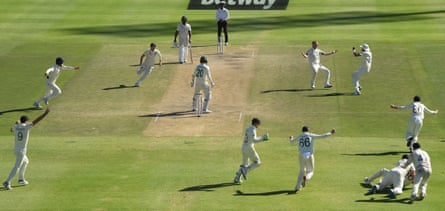 England bowler Ben Stokes celebrates after Anrich Nortje is caught at slip at the second attempt by Zac Crawley during day five of the Second Test against South Africa at Newlands in January 2020.
