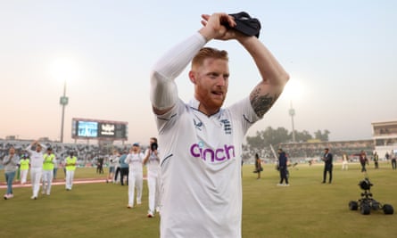 Ben Stokes of England celebrates as he leaves the field after winning the first test against Pakistan at Rawalpindi Cricket Stadium in December 2022.