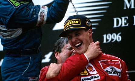 Jean Todt embraces Michael Schumacher after winning the 1996 Spanish Grand Prix