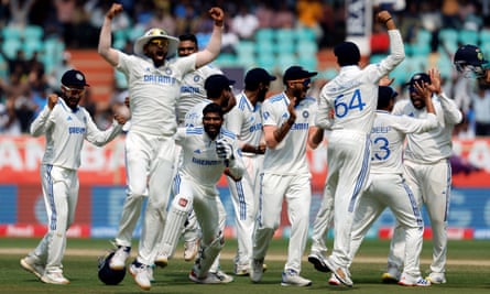 India players celebrate after the vital wicket of England captain Ben Stokes, run out by Shreyas Iyer to leave them 220 for seven chasing 399 to win.