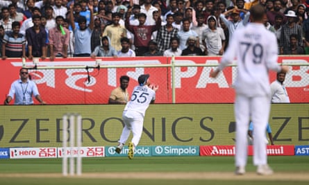 Ben Stokes takes a diving catch to dismiss India’s Shreyas Iyer for 29 off the bowling of Tom Hartley.
