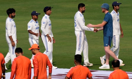 Ben Stokes congratulates India’s captain Rohit Sharma after India won the second Test match.