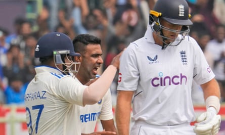 Ravichandran Ashwin (centre) celebrates the wicket of England’s Joe Root on day four of the second Test