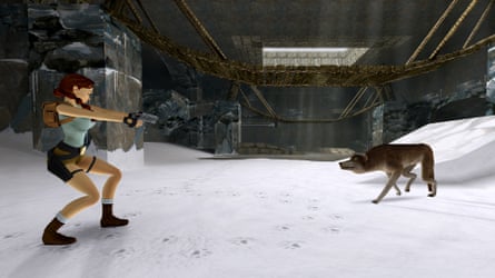 Lara Croft points her gun at an animal