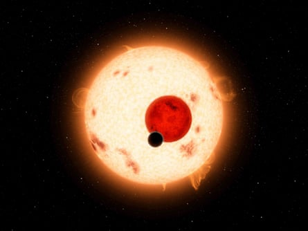 Kepler-16, a planet about 200 light years away that orbits two stars. The planet was found in 2011 using data from the Kepler space telescope.
