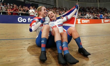 Britain’s Elinor Barker (left) and Neah Evans celebrate winning gold in the women’s madison during last year’s World Championships in Glasgow.