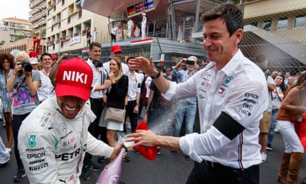 Lewis Hamilton celebrates with Toto Wolff after winning the Monaco Grand Prix in 2019.