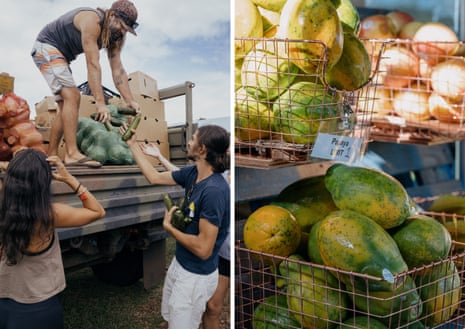 Left: Volunteers unload a fresh produce delivery at Nāpili Park Emergency Community Resource Center. Right: Baskets of Papaya at the Nāpili Park Emergency Community Resource Center’s grocery store.