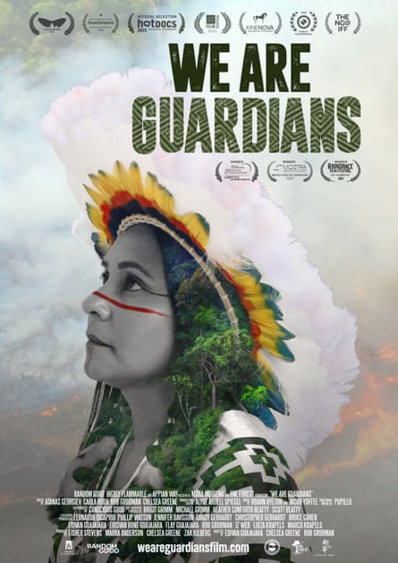 A film poster showing a young woman wearing a a feathered headdress and with a photo of forest instead of her hair
