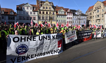 Public transport workers demonstrate in Erfurt, Germany, in a nationwide wage dispute.