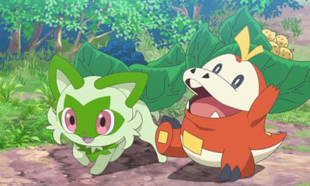 From left: Kira Buckland as Sprigatito, Zeno Robinson as Fuecoco in Pokémon Horizons: The Series.