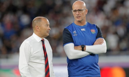 England head coach, Eddie Jones, with his defence coach, John Mitchell, just before kick-off in the World Cup semi-final at Yokohama International Stadium in 2019