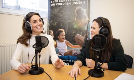 Giovanna Fletcher and the Princess of Wales chatting at a desk on the Happy Mum, Happy Baby podcast.