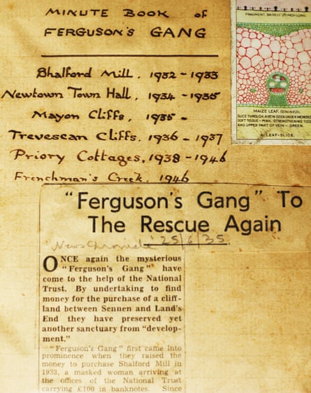 A page from the gang’s Boo showing a 1935 newspaper cutting headlined: ‘Ferguson’s Gang’ to the rescue again. Also in pen is a list of sites that the gang have taken an interest in.