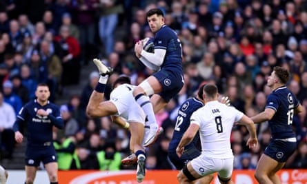 Blair Kinghorn shows his aerial prowess under pressure against England in the Six Nations clash at Murrayfield in February.
