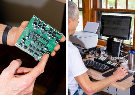left: man’s hands hold circuit board. right: man works at computer on desk