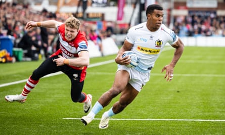 Feyi-Waboso scores a try for Exeter at Gloucester.