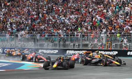 Red Bull’s Max Verstappen leads the field during the Miami Grand Prix.