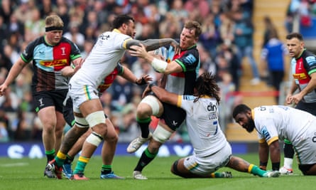 Alex Dombrandt of Harlequins tackled by Lewis Ludlam of Northampton Saints in last month’s clash between the sides.