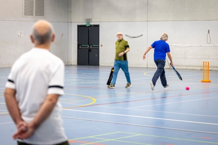 Walking cricket being played by a community group of over 50’s gentlemen at Three Hills Sport Centre, in Folkestone, Kent on the 22nd of April 2024. Walking cricket has been developing across the UK over the last 10 years, with the aim to make cricket accessible for all ages and abilities. It is still the traditional game but has been adapted to a slower paced version.