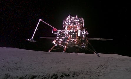 The lander-ascender combination of the Chang’e-6 probe sits on the surface of the moon