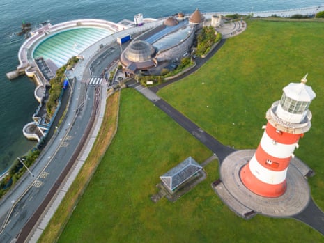 An aerial view of Smeaton’s Tower and the seaside lido in Plymouth.